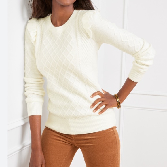Talbots Sweaters - TALBOTS Cable Knit Ruffle Crewneck Sweater Cream Ivory Soft Size Large